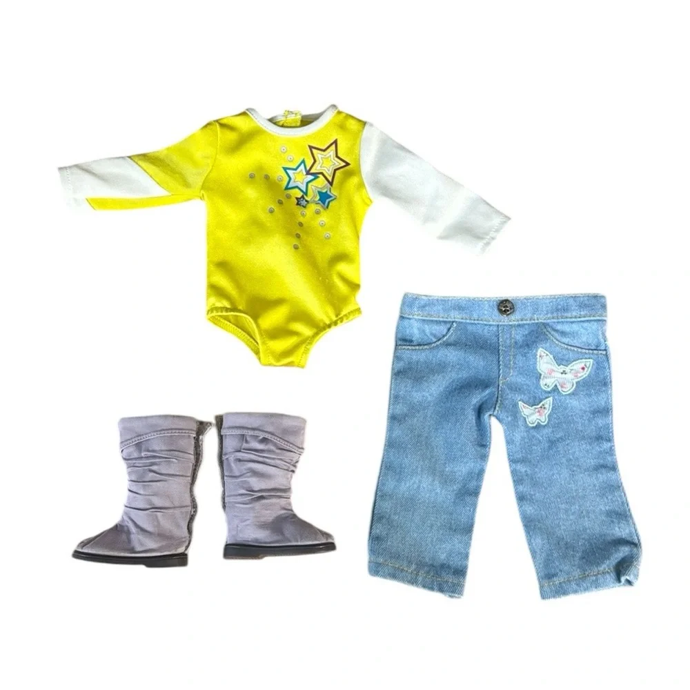 American Girl Doll Flower Power Outfit Blue Jeans-Yellow Leotard Top and Boots